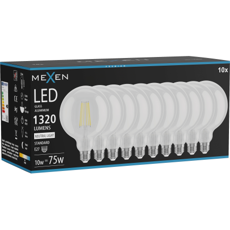 Mexen Vintis 10x LED крушка с нажежаема жичка E27, G125, 10W, Неутрална - 4000K, 1320 lm,