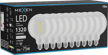 Mexen Vintis 10x LED крушка с нажежаема жичка E27, G125, 10W, Неутрална - 4000K, 1320 lm,