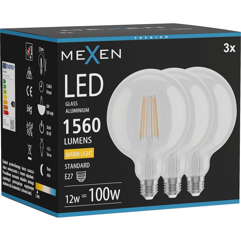 Mexen Vintis 3x LED филамент крушка E27, G125, 12W, Топла - 2700K, 1560 lm, прозрачен