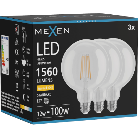 Mexen Vintis 3x LED филамент крушка E27, G125, 12W, Топла - 2700K, 1560 lm, прозрачен