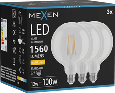 Mexen Vintis 3x LED филамент крушка E27, G125, 12W, Топла - 2700K, 1560 lm, прозрачен