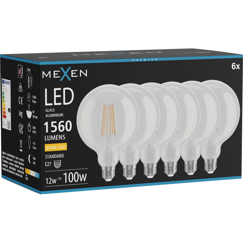 Mexen Vintis 6x Крушка с нажежаема жичка LED E27, G125, 12W, Топла - 2700K, 1560 lm,
