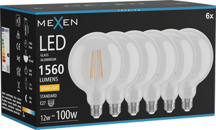 Mexen Vintis 6x Крушка с нажежаема жичка LED E27, G125, 12W, Топла - 2700K, 1560 lm,