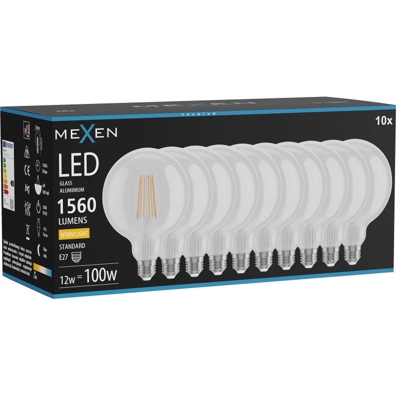 Mexen Vintis 10x LED филаментна крушка E27, G125, 12W, Топла - 2700K, 1560 lm, прозрачна