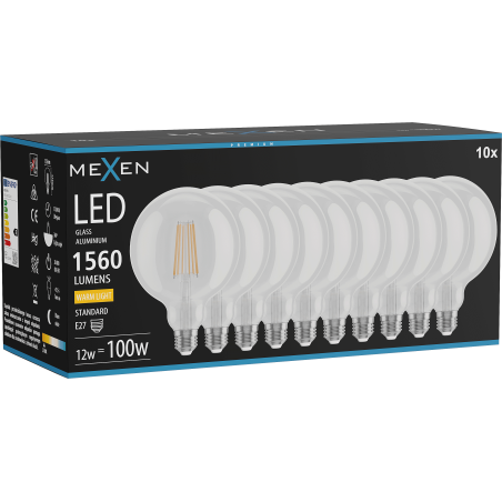 Mexen Vintis 10x LED филаментна крушка E27, G125, 12W, Топла - 2700K, 1560 lm, прозрачна