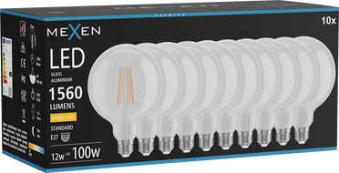 Mexen Vintis 10x LED филаментна крушка E27, G125, 12W, Топла - 2700K, 1560 lm, прозрачна