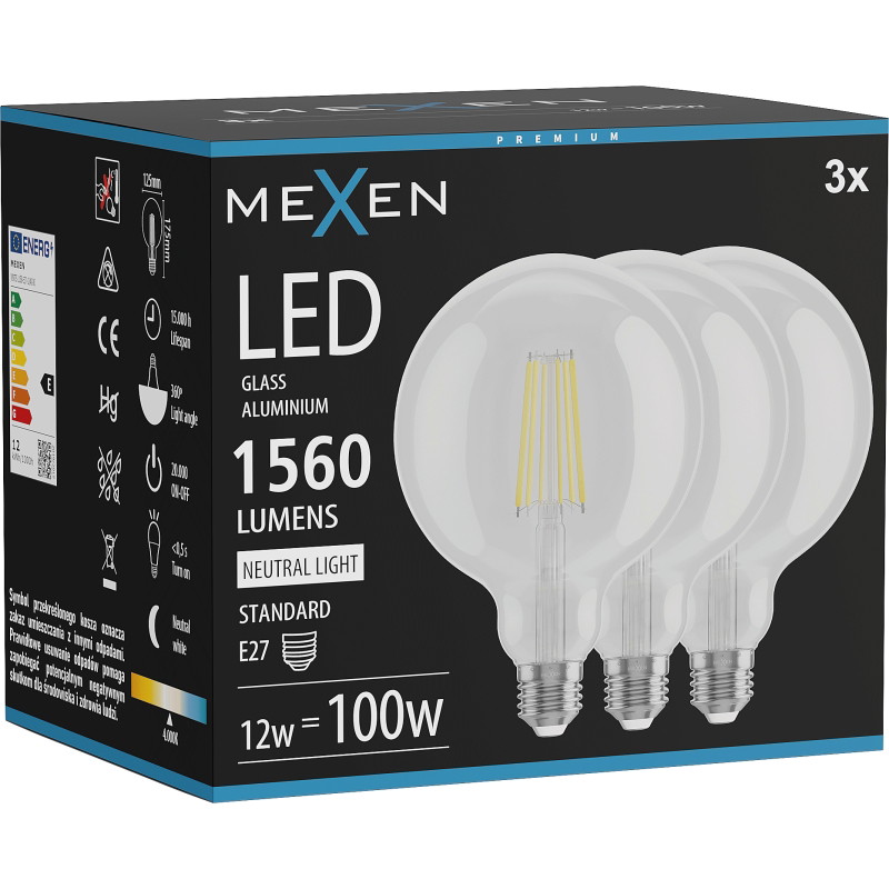 Mexen Vintis 3x LED нажежаема жичка E27, G125, 12W, Неутрална - 4000K, 1560 lm, прозрачен