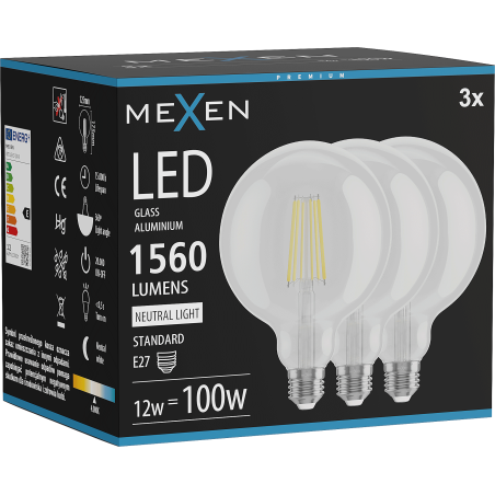 Mexen Vintis 3x LED нажежаема жичка E27, G125, 12W, Неутрална - 4000K, 1560 lm, прозрачен