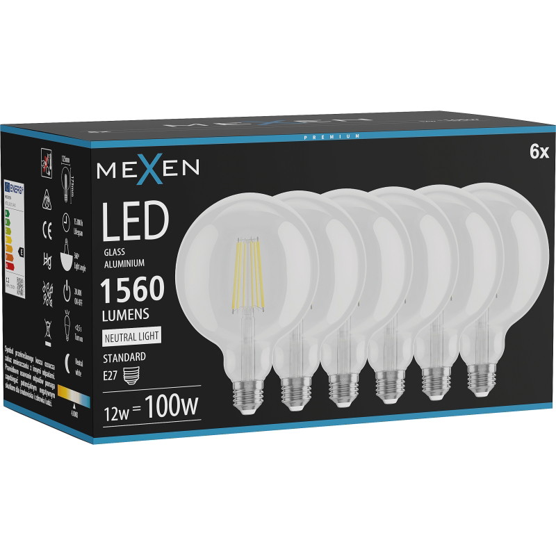 Mexen Vintis 6x LED крушка с нажежаема жичка E27, G125, 12W, Неутрална - 4000K, 1560 lm,