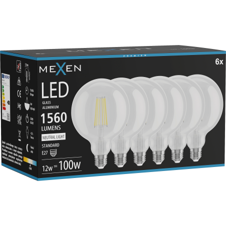 Mexen Vintis 6x LED крушка с нажежаема жичка E27, G125, 12W, Неутрална - 4000K, 1560 lm,