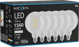 Mexen Vintis 6x LED крушка с нажежаема жичка E27, G125, 12W, Неутрална - 4000K, 1560 lm,