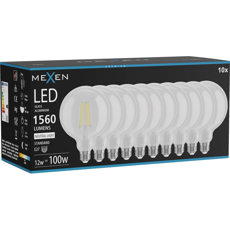 Mexen Vintis 10x LED филаментна крушка E27, G125, 12W, Неутрална - 4000K, 1560 lm, ясна