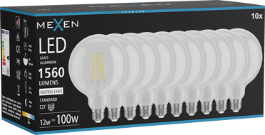 Mexen Vintis 10x LED филаментна крушка E27, G125, 12W, Неутрална - 4000K, 1560 lm, ясна