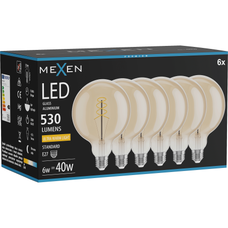 Mexen Vintis 6x LED крушка спирала филмент E27, G125, 6W, Топла - 2200K, 530 lm, кехлибар