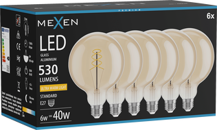 Mexen Vintis 6x LED крушка спирала филмент E27, G125, 6W, Топла - 2200K, 530 lm, кехлибар