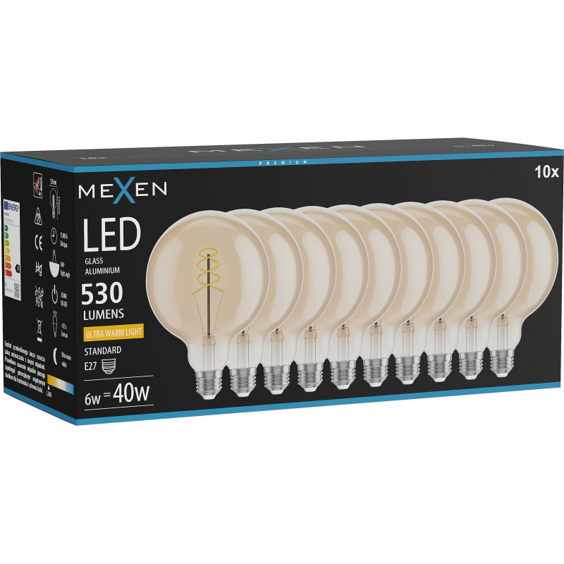 Mexen Vintis 10x LED спирална нажежаема крушка E27, G125, 6W, Топла - 2200K, 530 lm,