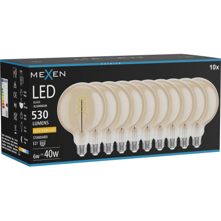 Mexen Vintis 10x LED спирална нажежаема крушка E27, G125, 6W, Топла - 2200K, 530 lm,