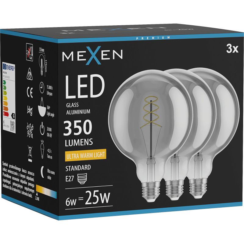 Mexen Vintis 3x крушка с нажежаема спирала LED E27, G125, 6W, Топла - 2200K, 350 lm, димно