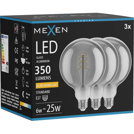 Mexen Vintis 3x крушка с нажежаема спирала LED E27, G125, 6W, Топла - 2200K, 350 lm, димно