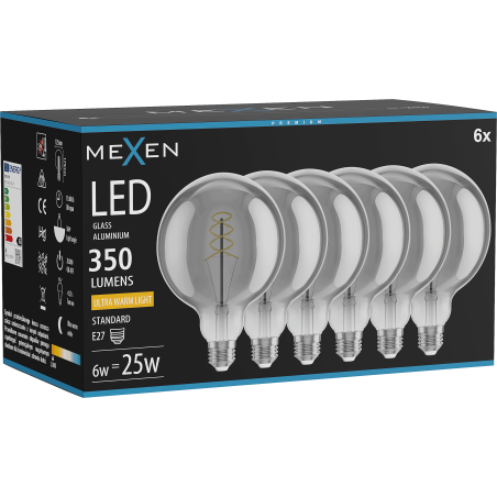 Mexen Vintis 6x LED спирала с нажежаема жичка E27, G125, 6W, Топла - 2200K, 350 lm, опушен