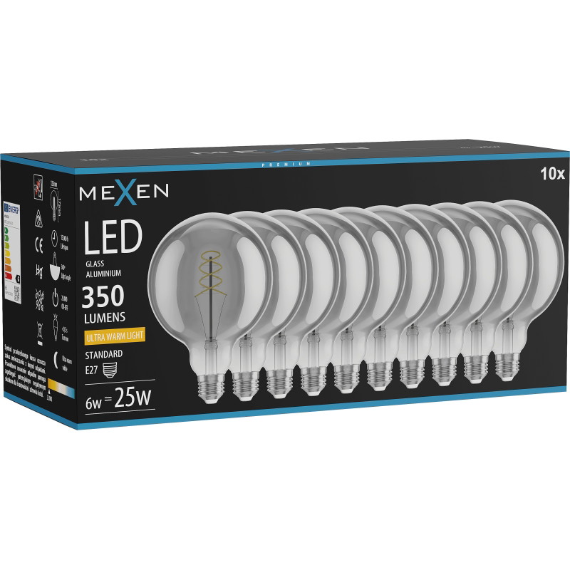 Mexen Vintis 10x LED филaмент крушка спирала E27, G125, 6W, Топло - 2200K, 350 lm, димно