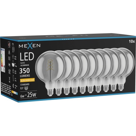 Mexen Vintis 10x LED филaмент крушка спирала E27, G125, 6W, Топло - 2200K, 350 lm, димно