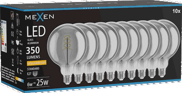 Mexen Vintis 10x LED филaмент крушка спирала E27, G125, 6W, Топло - 2200K, 350 lm, димно