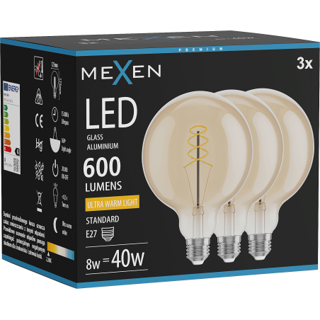 Mexen Vintis 3x LED спирална нишка E27, G125, 8W, Топла - 2200K, 600 lm, амбър - L168-E27-0822-50x03