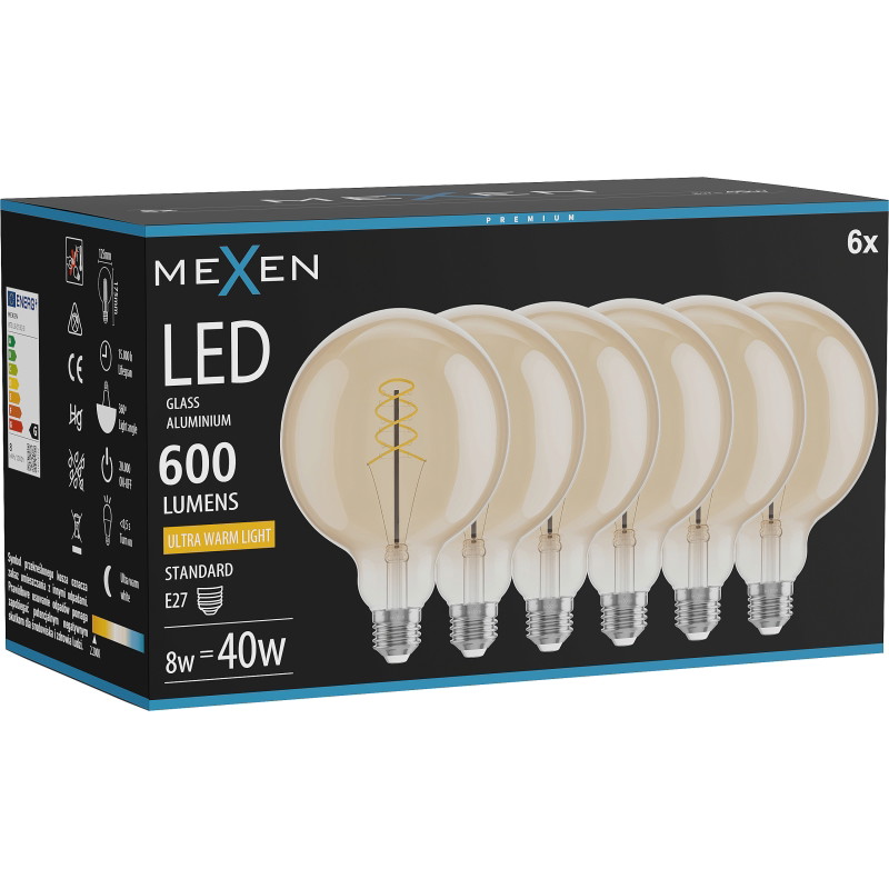 Mexen Vintis 6x LED крушка с нажежаема жичка спирала E27, G125, 8W, Топла - 2200K, 600 lm,
