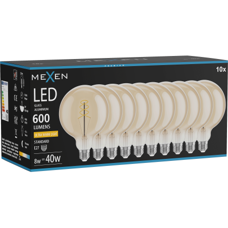 Mexen Vintis 10x LED спираловидна нажежаема крушка E27, G125, 8W, Топла - 2200K, 600 lm,