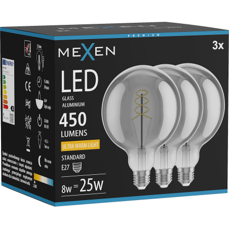 Mexen Vintis 3x LED спиралова нишка крушка E27, G125, 8W, Топла - 2200K, 450 lm, опушен