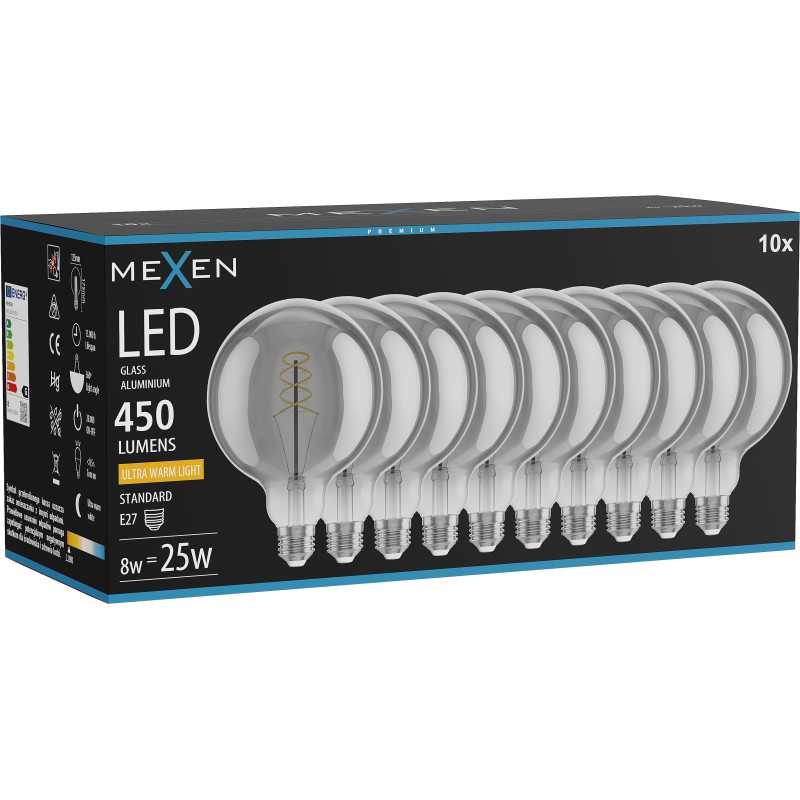 Mexen Vintis 10x LED филаментна спирална крушка E27, G125, 8W, Топла - 2200K, 450 lm, опушен