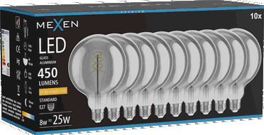 Mexen Vintis 10x LED филаментна спирална крушка E27, G125, 8W, Топла - 2200K, 450 lm, опушен