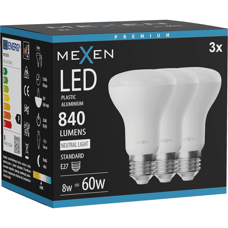 Mexen Nova 3x LED крушка E27, R63, 8W, Неутрална - 4000K, 840 lm - L104-E27-0840-01x03