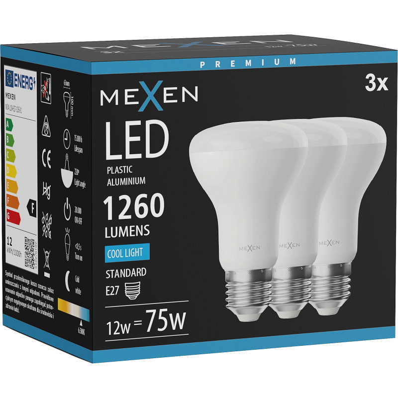 Mexen Nova 3x LED крушка E27, R63, 12W, Студена - 6500K, 1260 lm - L104-E27-1265-01x03