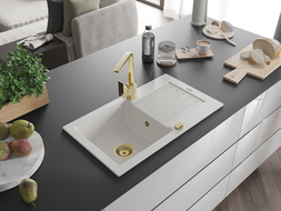 Mexen Pablo гранитна мивка с 1 отделение с отцеденик и кухненски смесител Rita, бял - 6510-20-670300-50