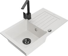 Mexen Pablo Гранитна мивка с 1 отделение с дренаж и кухненски смесител Rita, бял - 6510-20-670300-70