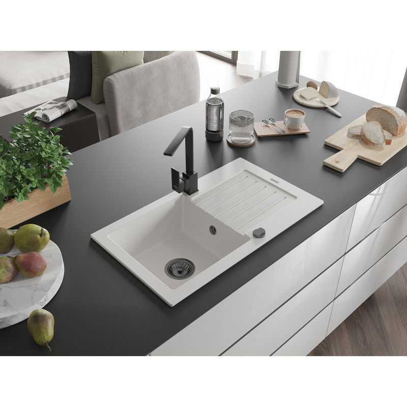 Mexen Pablo Гранитна мивка с 1 отделение с дренаж и кухненски смесител Rita, бял - 6510-20-670300-70