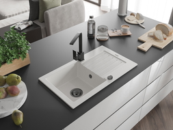 Mexen Pablo Гранитна мивка с 1 отделение с дренаж и кухненски смесител Rita, бял - 6510-20-670300-70