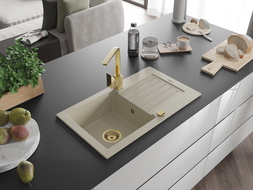 Mexen Pablo гранитна мивка с една камера с отцедник и кухненски смесител Rita, бежов - 6510-69-670300-50