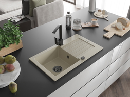 Mexen Pablo гранитна мивка с 1 отделение и отцедник и кухненски смесител Rita, бежово - 6510-69-670300-70
