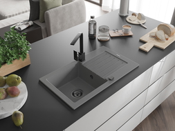 Mexen Pablo гранитна кухненска мивка с 1 отделение с изцедник и кухненски смесител Rita, сив - 6510-71-670300-70-B