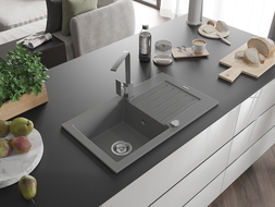 Mexen Pablo гранитна кухненска мивка с една камера и отцедник и кухненски смесител Rita, сив - 6510-71-670300-71