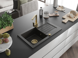 Mexen Pablo гранитна мивка с 1 камера с отцедник и кухненски смесител Rita, черен/златист металик- 6510-75-670300-50