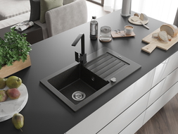 Mexen Pablo гранитна мивка с една камера и отцедник и кухненски смесител Rita, черен/златен металик- 6510-75-670300-70