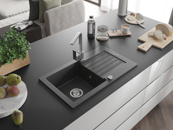 Mexen Pablo гранитна мивка с 1 камера със сушилник и кухненски смесител Rita, черно на пръски - 6510-76-670300-00