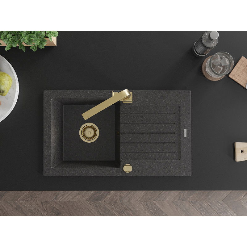 Mexen Pablo кухненска мивка от гранит с 1 корито и сушилник и кухненски смесител Rita, черен на петна - 6510-76-670300-50