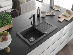 Mexen Pablo гранитна мивка с 1 отделение и изцеждач, и кухненски смесител Rita, черен накъсан - 6510-76-670300-70