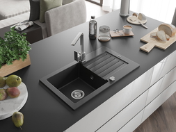 Mexen Pablo гранитна мивка с 1 камера с отцедник и кухненски смесител Rita, черен - 6510-77-670300-00