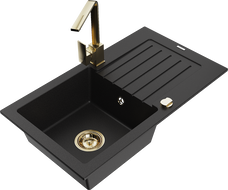 Mexen Pablo еднокоморна гранитна мивка с отцедник и кухненски смесител Rita, черен - 6510-77-670300-50